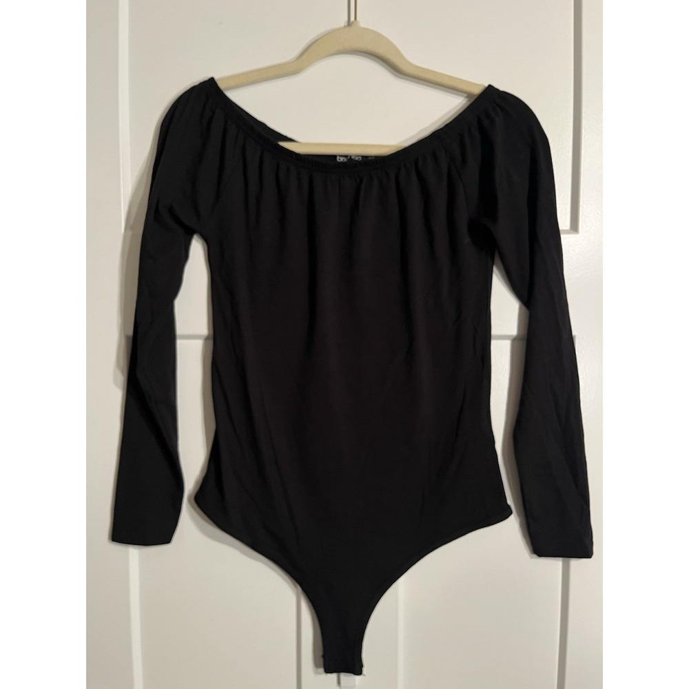 Boohoo Womens Size 8 Black Off Shoulder Bodysuit Long Sleeve Bardot Stretch